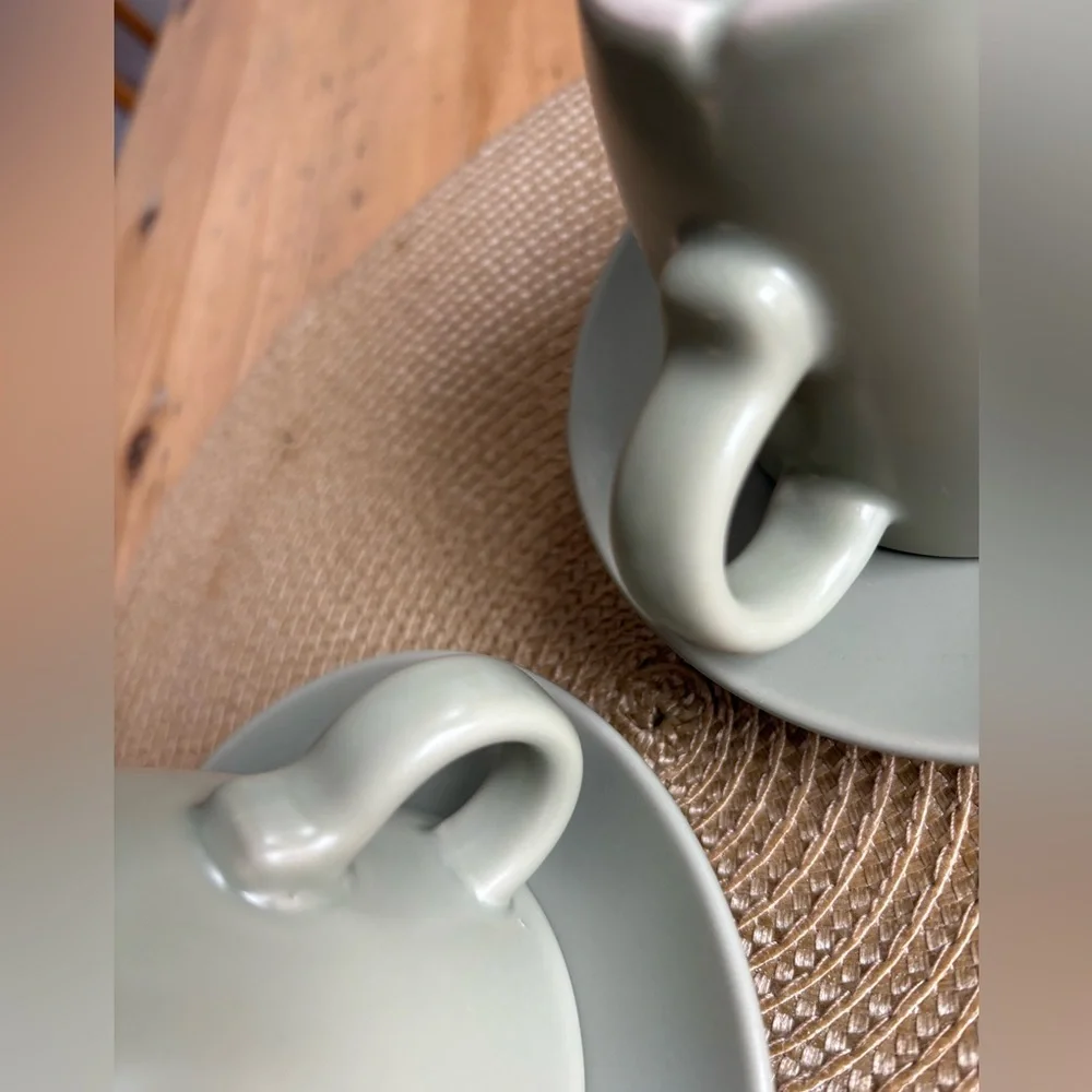 IKEA FÄRGKLAR series of dinnerware cups with saucers Matte Green Set of Two